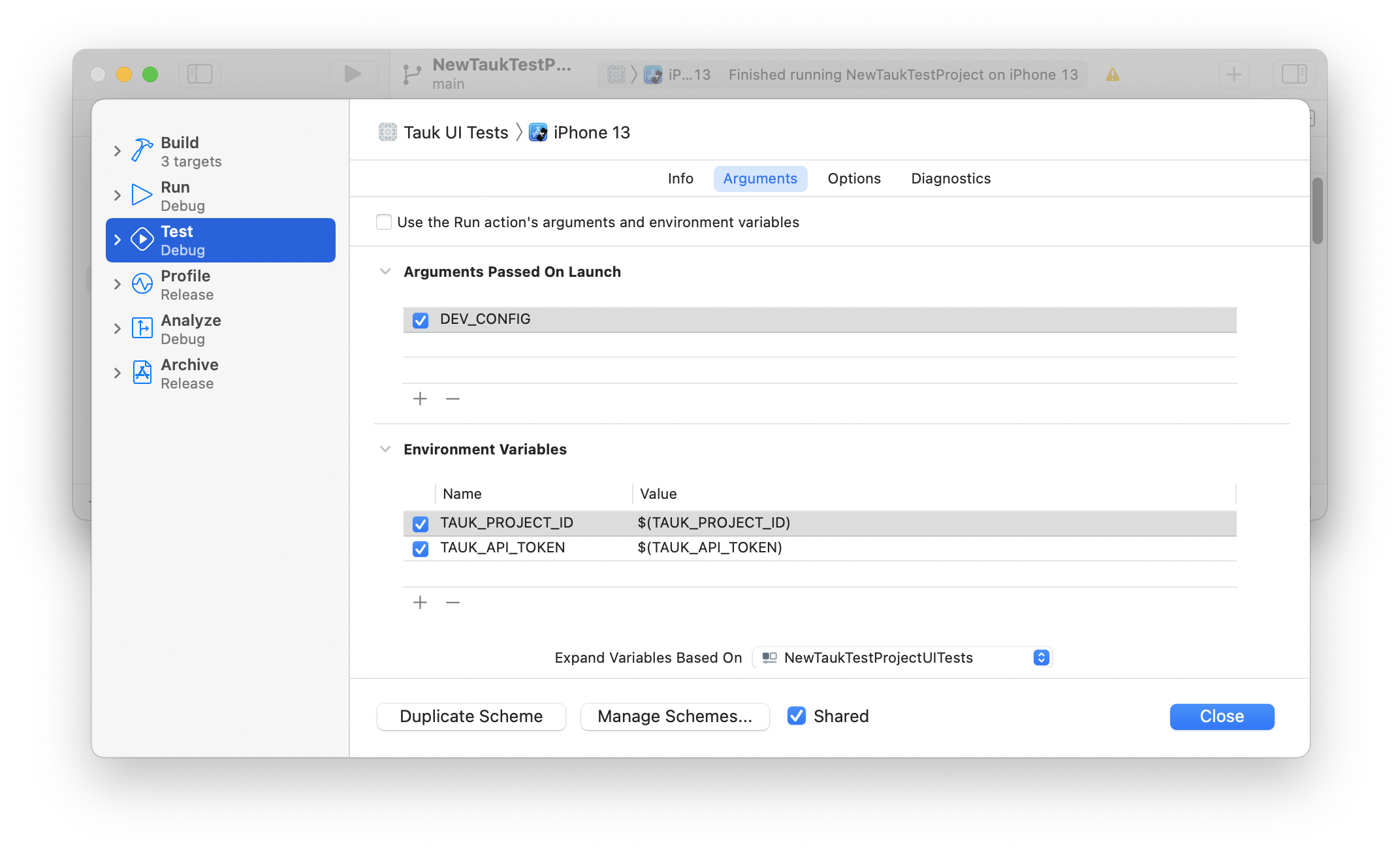 Passing Arguments and Environment Variables to XCTests