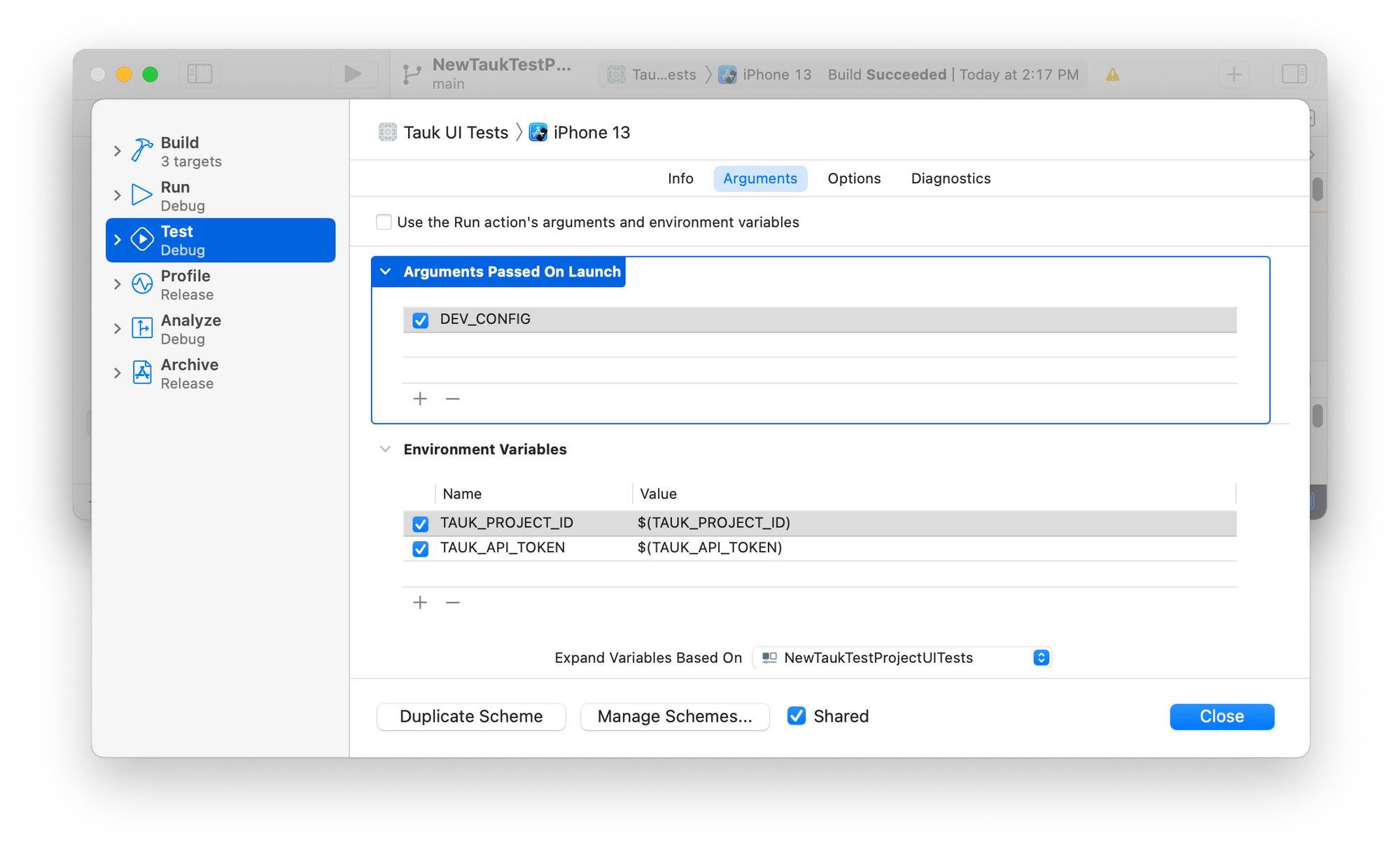 Passing Arguments and Environment Variables to XCTests