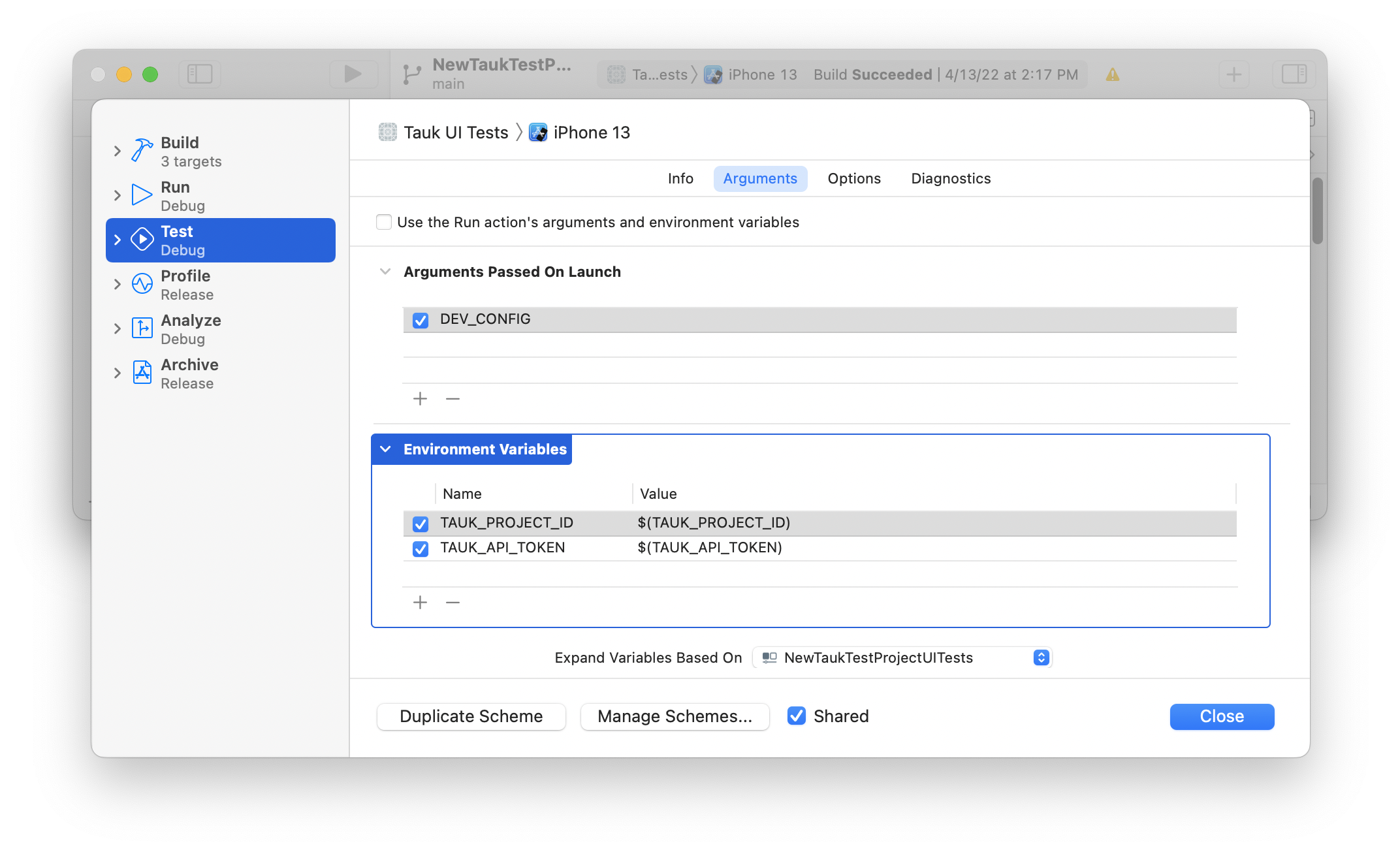 Passing Arguments and Environment Variables to XCTests